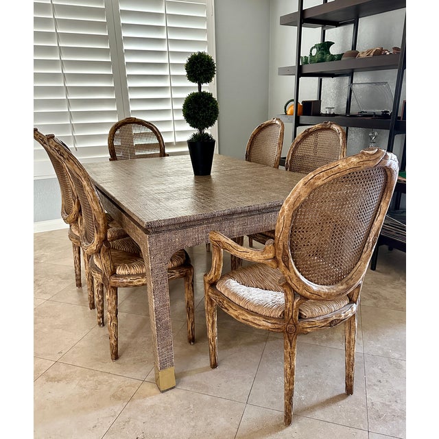 Postmodern 1970s Harrison Van Horn Natural Grasscloth Dining Table With 2 Leaf Extensions For Sale - Image 3 of 12