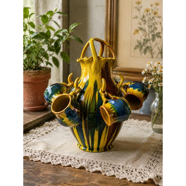 Vintage Mexican Dripware Pottery Sangria Pitcher and Cup Set For Sale In Greensboro - Image 6 of 6