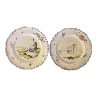 Antique 18th Century French Veuve Perrin Faience Landscape Plates With Ruins and Windmill - A Pair For Sale