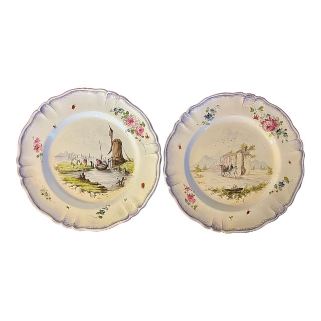 Antique 18th Century French Veuve Perrin Faience Landscape Plates With Ruins and Windmill - A Pair For Sale