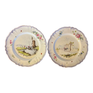 Antique 18th Century French Veuve Perrin Faience Landscape Plates With Ruins and Windmill - A Pair