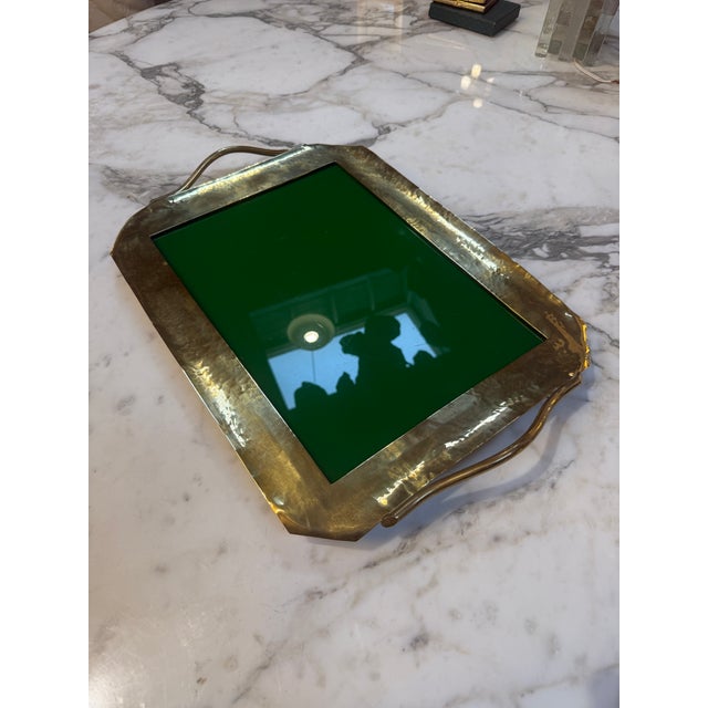 Vintage Brass Tray With Green Glass Insert For Sale - Image 4 of 9