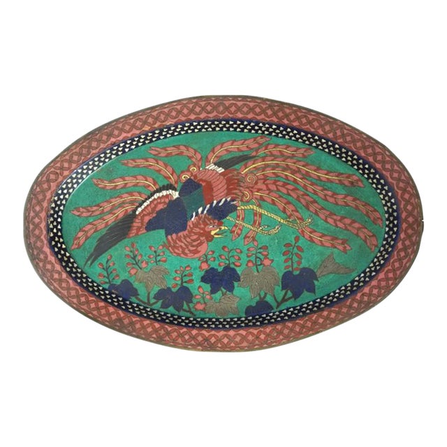 Antique Early Meiji Japanese Cloisonne Phoenix Bird Tray For Sale