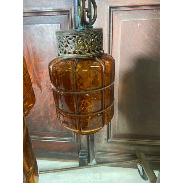 Mid Century Spanish Gothic 3 Pendant Amber Swag Chandelier For Sale - Image 10 of 13