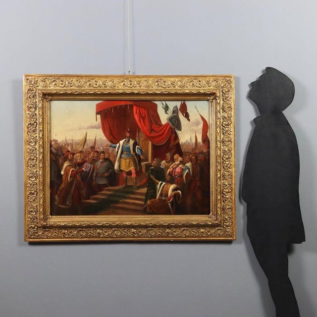 Oil on canvas. Central European School, mid-19th century. In the center of the scene, before a throne surmounted by a red...