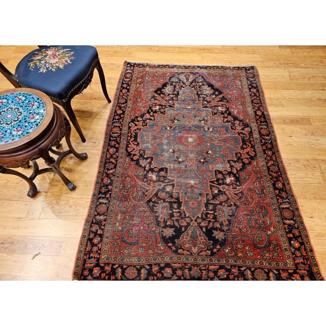 19th Century Persian Farahan Rug, Hand-Knotted Wool, Floral Medallion Design, Blue & Red, 4x6 For Sale - Image 9 of 18