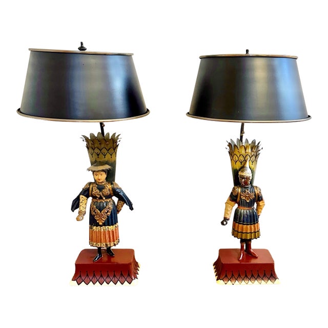 1980s Chinoiserie Hand Painted Tole Figural Lamps, a Pair For Sale