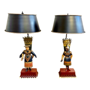 1980s Chinoiserie Hand Painted Tole Figural Lamps, a Pair