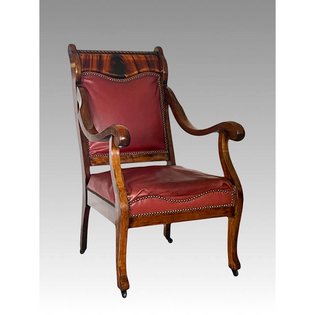 Late 19th Century Antique Empire Flame Mahogany & Ox Blood Red Leather Library Armchair, Late 19th. Century Chair For Sale - Image 5 of 14