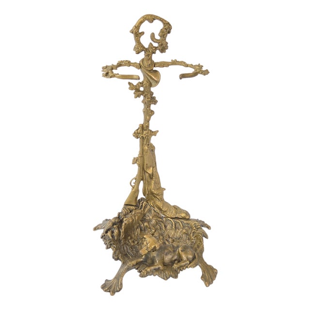Vintage Hunting Scene Umbrella Stand in Gilded Brass, 1950s For Sale