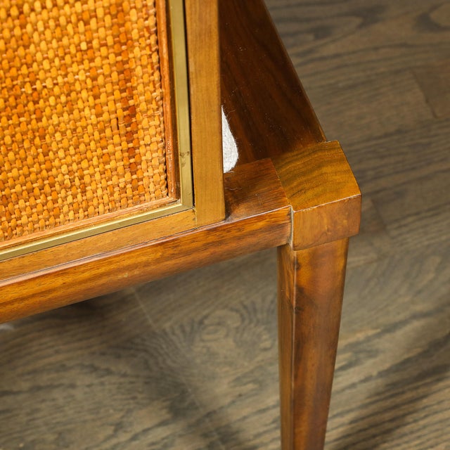 Mid-Century Brass Lined Walnut Settee W/ Cane Detailing & Holly Hunt Upholstery For Sale - Image 11 of 18