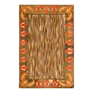 Pretty Sienna-Brown Background With Detail of Folk Art Styles in a Strie Pattern Antique American Hooked Rug For Sale