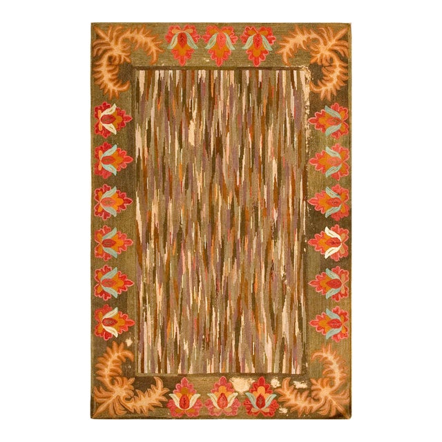 Pretty Sienna-Brown Background With Detail of Folk Art Styles in a Strie Pattern Antique American Hooked Rug For Sale