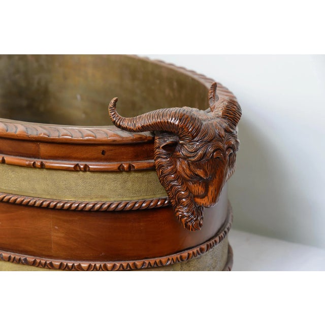 Chocolate English Bottle Cooler, Mahogany & Brass Ram Heads, 1920s For Sale - Image 8 of 11