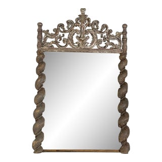 Italian Baroque Silvered Wall Mirror, 19th Century, Hand-Carved Wood For Sale