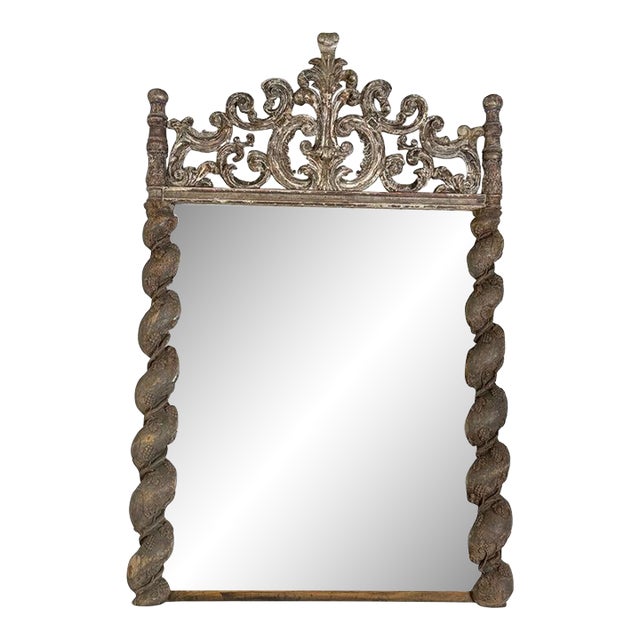 Italian Baroque Silvered Wall Mirror, 19th Century, Hand-Carved Wood For Sale