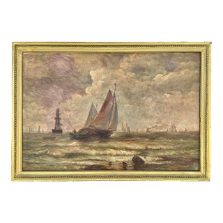 Antique Sailboats Near Shore Oil Painting with Ornate Gold Frame For Sale