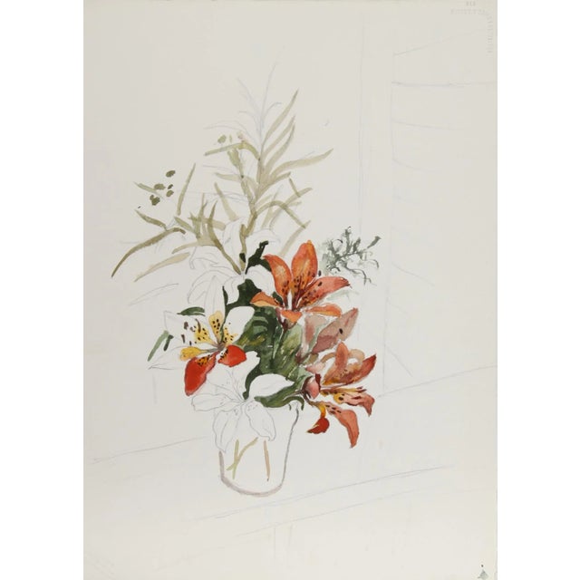 Set against a minimal white background, Eve Nethercott's portrayal of tiger lillies in a clear cup is emblematic of the...