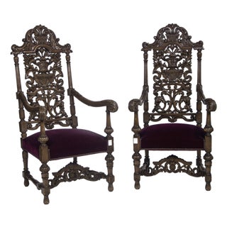 Monumental Carved Renaissance Revival “Throne” Armchairs – Ornate Figural Backs, Velvet Seats, Pair, C. 1880 For Sale