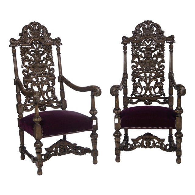 Monumental Carved Renaissance Revival “Throne” Armchairs – Ornate Figural Backs, Velvet Seats, Pair, C. 1880 For Sale
