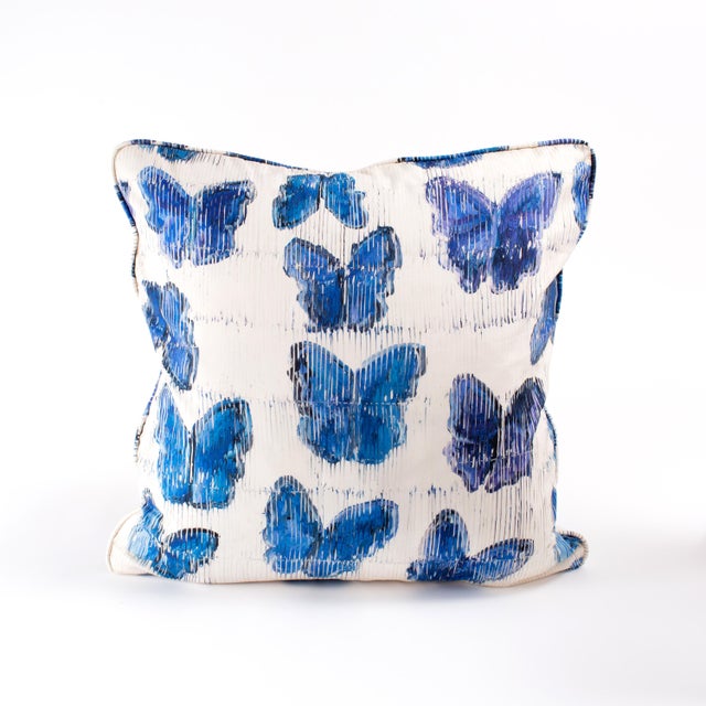 Hunt Slonem Butterflies in Blue Cotton Pillow Cover For Sale - Image 4 of 4