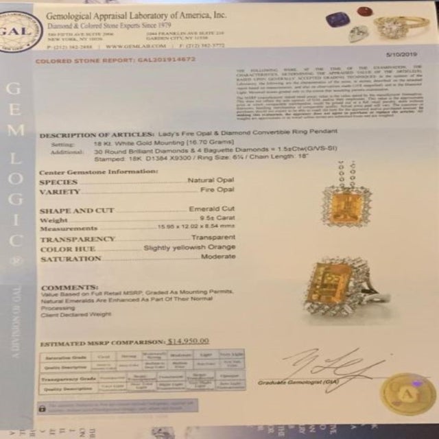 Diamond Opal Ring, Necklace 18k Gold 11 TCW Certified For Sale - Image 17 of 18