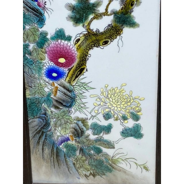 1980s Chinoiserie Hand Painted Famille Rose Porcelain Panel 49.25" H For Sale - Image 5 of 13