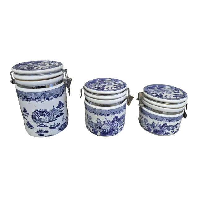 Heritage Mint Blue Willow Canisters With Wire Bale Locking Lids For Sale