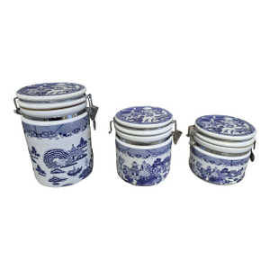 Heritage Mint Blue Willow Canisters With Wire Bale Locking Lids