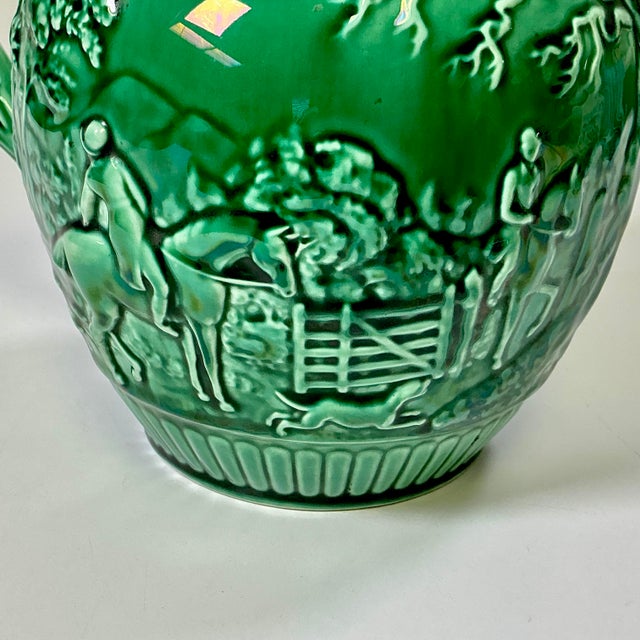 1930s Vintage Boho Chic English Rustic European Wedgwood Majolica Hunting Motif Pitcher For Sale - Image 10 of 16
