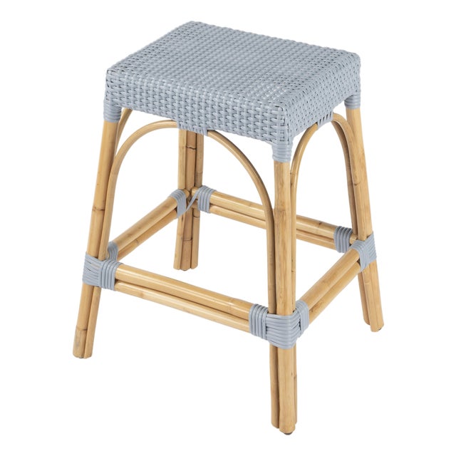 Robias 24.5 in. Seat Height Rectangular Rattan Backless Counter Stool with Footrest, Baby Blue/ Natural Rattan Frame For Sale