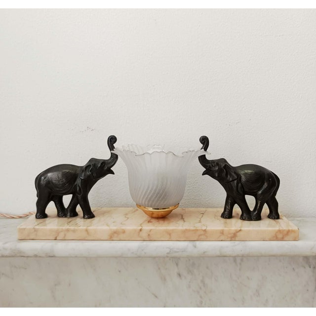 Pink Art Deco Night Light with Bronze and Marble Elephants, 1930s For Sale - Image 8 of 8