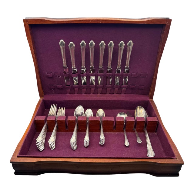 Vintage Gorham Lady Caroline Art Deco Style Silverplate Flatware - Set of 53 For Sale