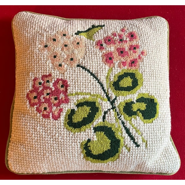 Botanical Needlepoint Flower Pillow of Pink Geraniums For Sale In New York - Image 6 of 8