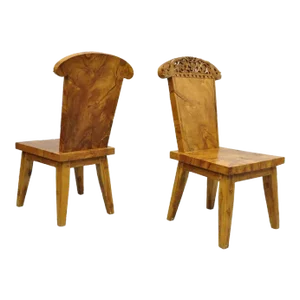 Late 20th Century Indonesian Carved Solid Burl Wood Slab Continental Figural Side Chairs - a Pair