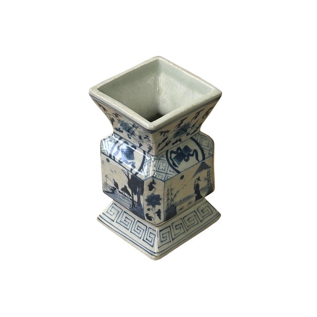 Ceramic Vintage Pale Blue White Scenery Graphic Square Porcelain Vase For Sale - Image 7 of 9