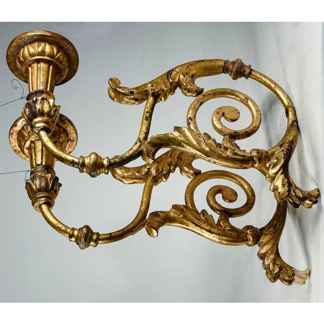 Louis XV Torch Wall Sconces in Wrought Iron with Turned Wooden Parts Gilded with Gold Leaf, Italy, Set of 2 For Sale - Image 3 of 9