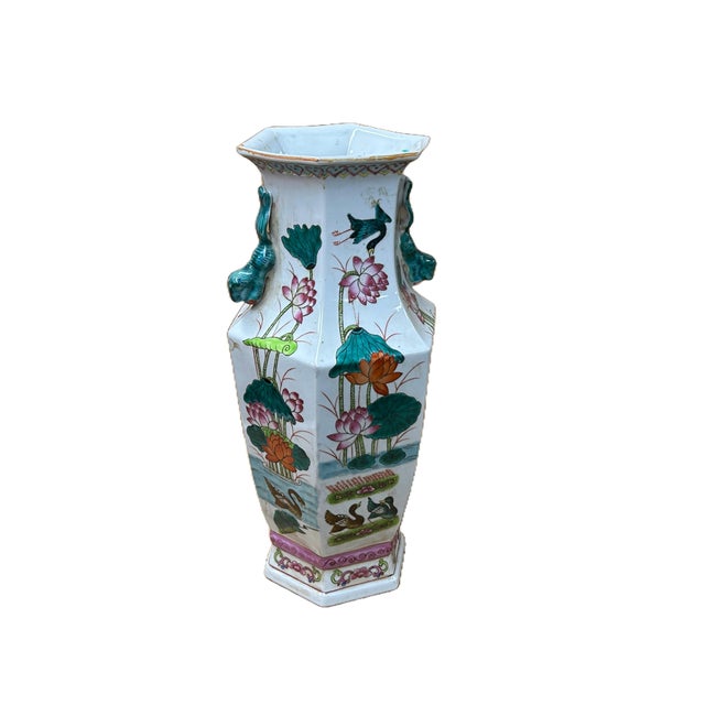 Oriental Hexagonal Floral Peacocks Graphic Porcelain Art Vase For Sale In San Francisco - Image 6 of 7
