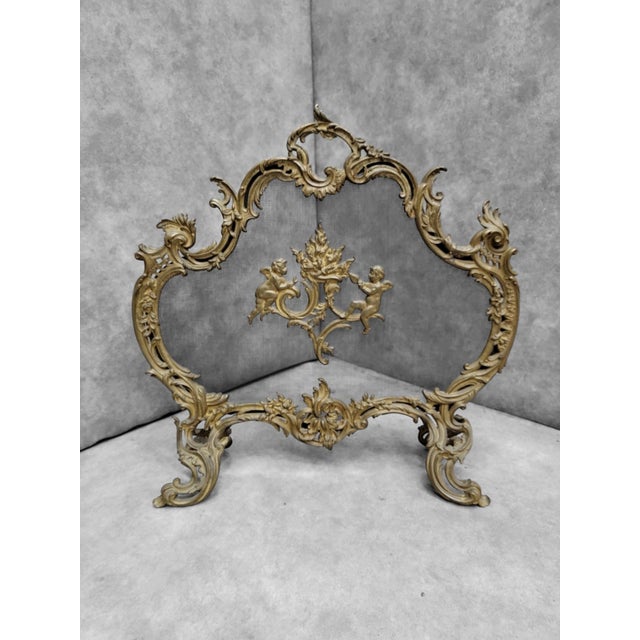 Antique Louis Style French Brass Cherub and Floral Free Standing Fire Screen For Sale - Image 9 of 10
