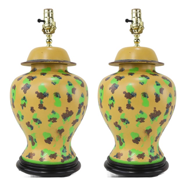 Pair of Hand-Painted Spotted Yellow Ceramic Table Lamps For Sale