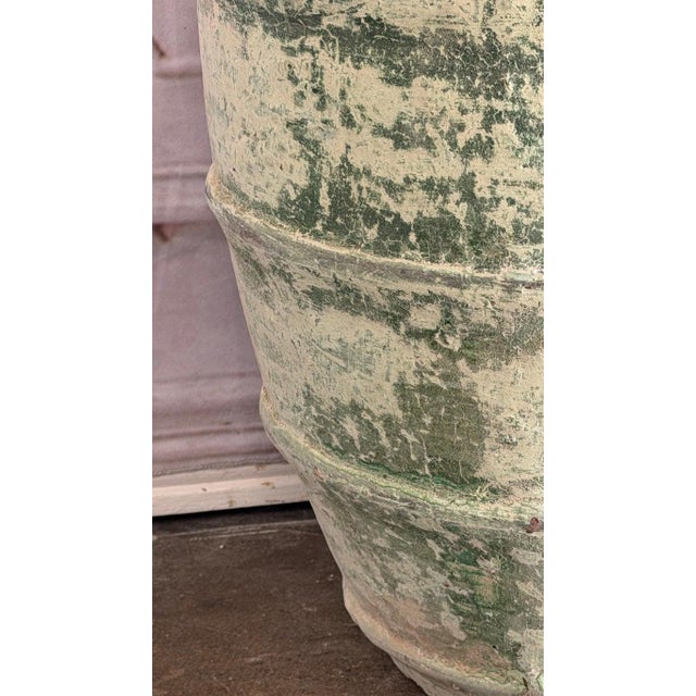Ceramic Pair of Mediterranean Barrel Olive Jars - Heavily Patinated Verdigris Terracota For Sale - Image 7 of 14