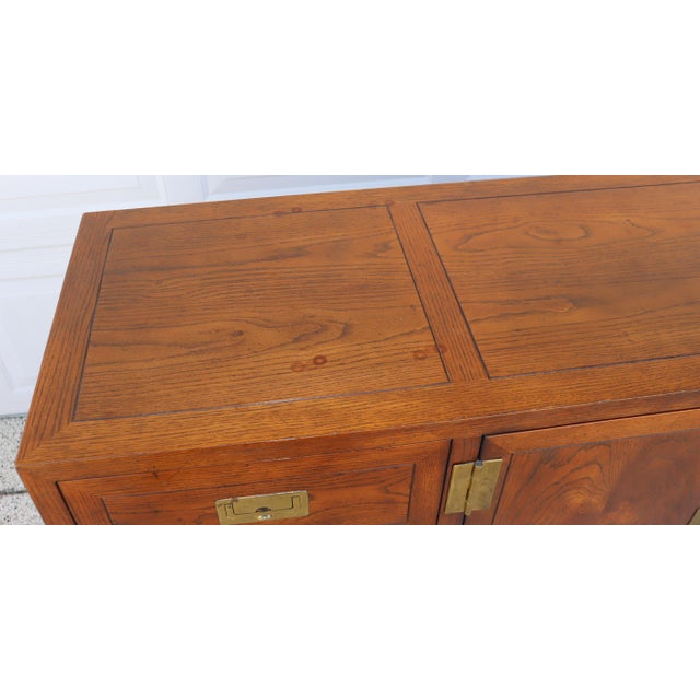 Brass Vintage Henredon Campaign Style Oak & Brass Sideboard / Credenza For Sale - Image 8 of 14