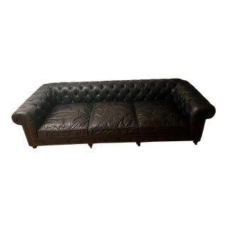 Distressed Black Leather Chesterfield Sofa For Sale