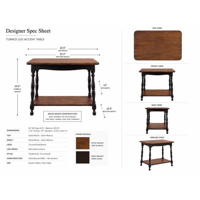 OLD CHAPEL HOME COLLECTION™ ARCHITECTURAL TURNED-LEG SOLID WOOD ACCENT TABLE Satin Walnut & Dark Walnut Edition A...