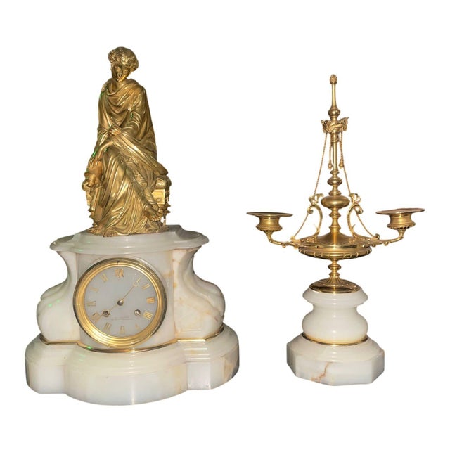 Early 20th Century French Bronze & Onyx Clock Garniture, Allegory of the Arts. For Sale - Image 4 of 10