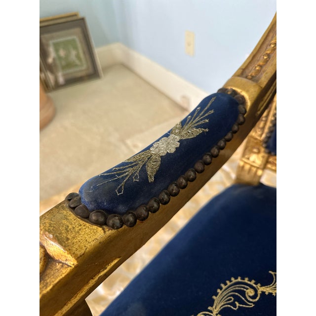 Mid 20th Century Mid 20th Century French Louis XVI Style Giltwood & Navy Embroidered Velvet Fauteuils- Pair For Sale - Image 5 of 18