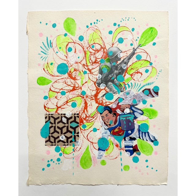 A colorful work on paper from mid career artist Ben Junta Acrylic, Collage, Ink on Paper 14.75" x 12"