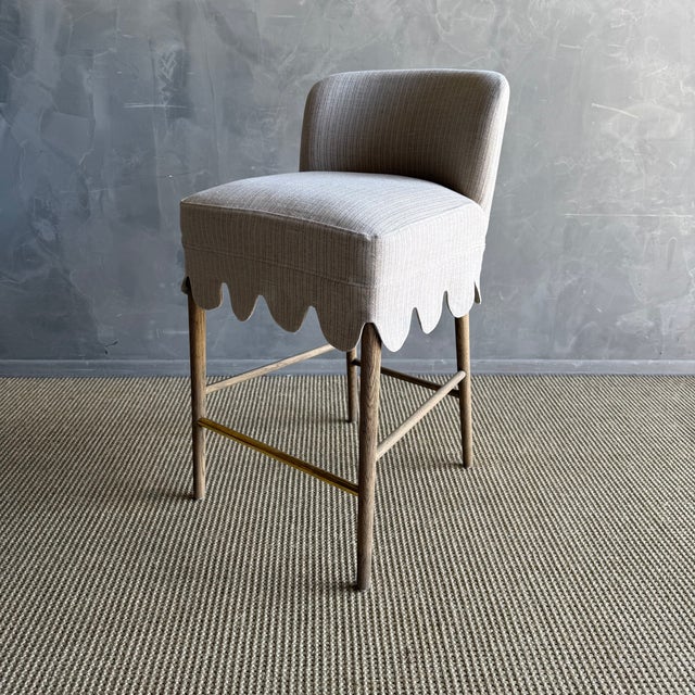 Kate Slip Covered Counter Stool -Ticking 100% Linen With Raw Brass Foot Rail For Sale - Image 10 of 11