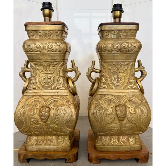 1940s James Mont Style Pair of Cast Brass Table Lamps For Sale - Image 9 of 11