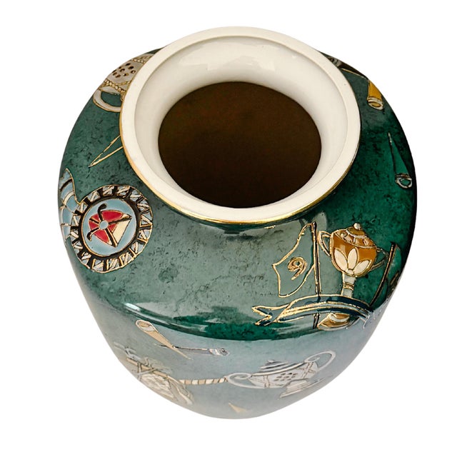 Ceramic Vintage Golf Motifs Emerald Green Porcelain Vase For Sale - Image 7 of 10